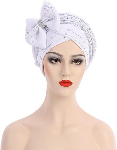 قبعة عمامة نسائية لامعة مطرزة بالخرز، قبعة لف الرأس مع فيونكة كبيرة، قبعة صغيرة إسلامية مكشكشة مسبقًا in Saudi Arabia