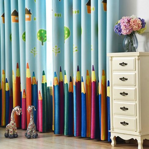 MYRU 1 Pair Dining Room Curtains,Kids Room Darkening Curtains,Room Decor for Childrens Bedroom Colorful Pencil (2 x 39x84 Inch) in Kuwait