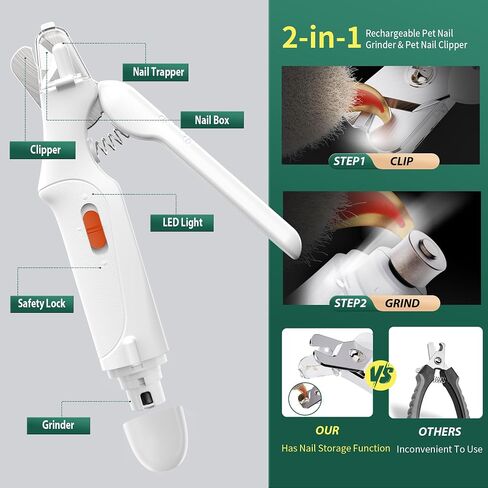 Dog Nail Grinder and Clipper with Quick Sensor- New 2 in 1 Pet Nail Trimmer for Dogs and Cats, Strong and Quiet Low Vibration Electric Nail Grinder Rechargeable Small Medium Large Breed in Saudi Arabia