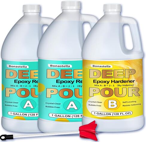 Deep Pour Epoxy Resin - 1.5 Galloon Crystal Clear Resin Epoxy Kit for 2-4" Pour Depths: Not Yellowing and No Bubble Self Leveling, for River Tables, Flower Preservation, and Mold Crafts Mix 2:1 Ratio in Kuwait