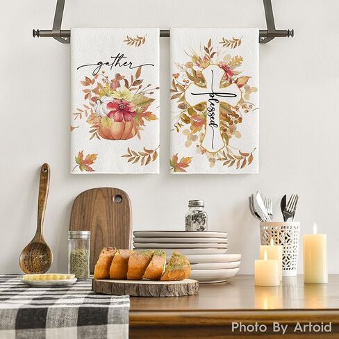 وضع Artoid أوراق القيقب اليقطين الخريف مناشف المطبخ مناشف الأطباق، 18x26 بوصة صليب عيد الشكر المبارك الديكور مناشف اليد مجموعة من 4 in Saudi Arabia