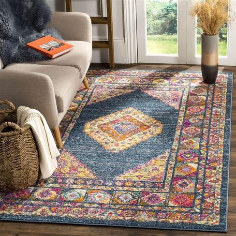سجادة SAFAVIEH Madison Collection - مقاس 10.16 سم × 15.24 سم، أزرق وفوشيا، تصميم ميدالية بوهو شيك، لا يتساقط ويسهل العناية به، مثالي للمناطق ذات حركة المرور العالية في المدخل، وغرفة المعيشة، وغرفة النوم (MAD133C) in Saudi Arabia