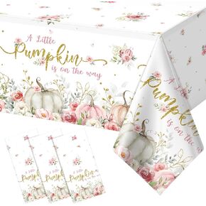 3Pcs 108x54inch A Little Pumpkin Is On the Way Plastic Tablecloths,Pumpkin Floral Baby Girl Shower Tablecloth,Disposable Little Pumpkin Table Cover for Fall Baby Shower Gender Reveal Party Decorations
