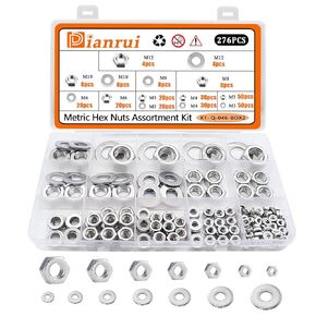 Dianrui 276PCS 304 Stainless Steel Metric Hex Nuts and Flat Washers Assortment Kit, M3 M4 M5 M6 M8 M10 M12 Hexnut and Flat Washer Set