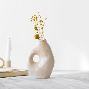 Ceramic Donut Vase, Modern Vase for Minimalist Decor, White Ceramic Hollow Round Pampas Flower Vases for Boho Home Table Wedding Party Room Dinner Shelf Decor Gifts (Small)