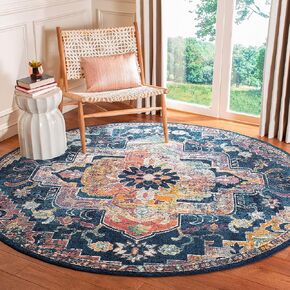 SAFAVIEH Crystal Collection Area Rug - 7' Round, Navy & Fuchsia, Medallion Distressed Design, Non-Shedding & Easy Care, Ideal for High Traffic Areas in Living Room, Bedroom (CRS501H)