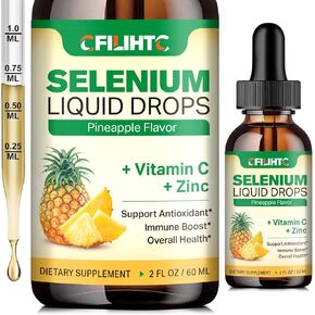 Selenium Liquid Drops, 200mcg Liquid Selenium Supplement with Vitamin C & Zinc, Support for Immune System, Antioxidant & Heart Health, High Absorption, Pineapple Flavor, 2 Fl Oz