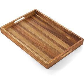 17 Inch Acacia Wood Serving Tray with Handles - Extra Large Wooden Tray for Ottoman, Breakfast in Bed, Dinner, Coffee Table - Decorative Rectangular Tray for Living Room Bedroom Entryway and Kitchen