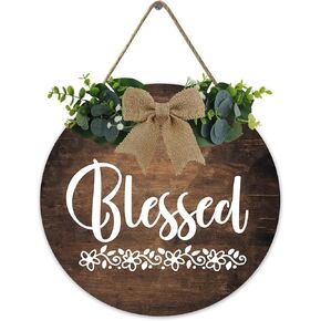 Front Door Blessed Wreaths Decor Sign- Round Wood Hanging Sign with Ribbon Bow and Artificial Green Leaves, Farmhouse Porch Decorations- for Home Thanksgiving 12In