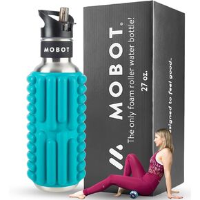 MOBOT Portable Travel Foam Roller Water Bottle with Sip Straw, Stainless Steel Screw Lid | Insulated Sports Water Bottle and Foam Rollers for Yoga, Workout, Home Gym, & Exercise 27oz. (Aqua)