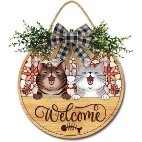 Welcome Cats Front Door Sign Funny Wreaths Hanging Wooden Plaque Decoration Round Rustic Wood Farmhouse Porch Decor for Home Front Door Decor, 12 x 12 Inch