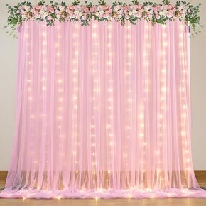 Pink Sheer Curtains with Lights String Tulle Curtain for Living Room Bedroom Parites Wedding Birthday Decorations 2 Panels 5ftｘ8ft