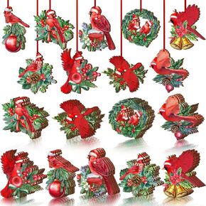 BBTO 36 Pcs Christmas Cardinal Ornament Red Cardinal Wood Decor for Christmas Tree Printing Mini Red Bird Cardinal Decoration Poinsettia Hanging Figurine Ornament for Holiday Xmas Tree Gifts