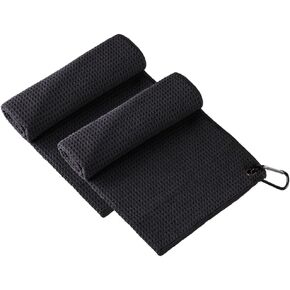 JBM 2 Pack Tri-fold Golf Towels with Black Carabiner Clip, 16 x 24 inches (Black)