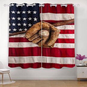 Curtains 42 x 63 inch Blackout Curtains Top Grommet Darkening Window Curtains (2 Panel) for Room Vintage Baseball American Flag