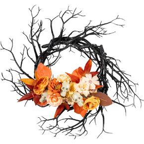 إكليل فرع زهرة بوهو من تشيرلاند مقاس 35.56 سم لتزيين الهالوين القوطي باللون الأسود والبرتقالي والبيج وزهرة جمجمة فرع الجدار للتعليق على شكل إكليل بوهو أنيق لباب المنزل وديكور فني للمنزل ومستلزمات الحفلات in Kuwait