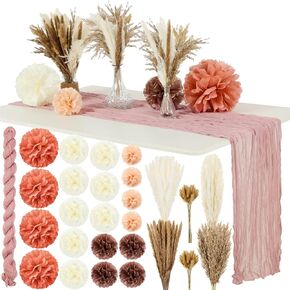 Xunyee 131 Pcs Boho Baby Shower Table Decoration Wedding Bridal Shower Decorations Set Dried Pampas Grass Bouquet Tissue Paper Pom Poms Dusty Pink Cheesecloth Table Runner for Birthday
