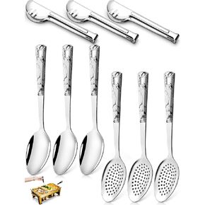 Stainless Steel Metal Serving Utensils - Large Serving sets-10" Spoons, 10" Slotted Spoons and 9" Tongs by Teivio (Silver, Set of 12)