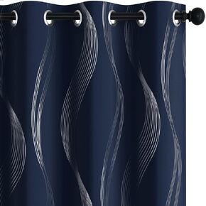 Deconovo Foil Wave Printed Blackout Curtains, Thermal Insulated Grommet Top Window Curtains for Bedroom, 2 Panels, Black, 52x95 Inch