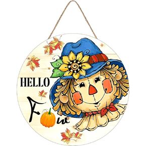 Hello Fall Scarecrow Sign for Front Door Decor, Autumn Harvest Maple Leaf Wood Door Hanger, Farmhouse Rustic Thanksgiving Wooden Wreath Indoor Wall Hanging Decoration 12 x 12 Inch
