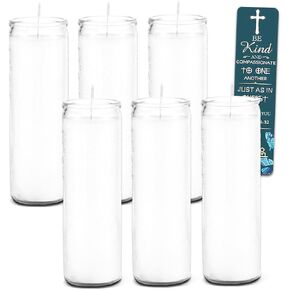White Prayer Glass Candle Set - Bundle of 6 White 8" Prayer Candles for Vigils, Prayers, Cemetery, Blessing Ceremonies, Candles Bulk & Bible Bookmark