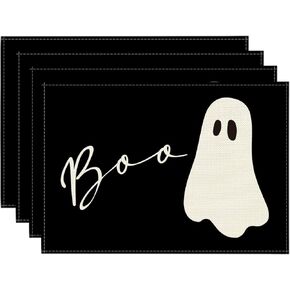 Artoid Mode Boo Ghost Halloween Placemats Set of 4, 12x18 Inch Seasonal Black Holiday Table Mats for Party Kitchen Dining Decoration