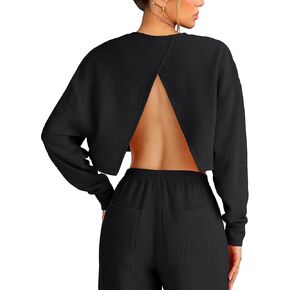 سويت شيرت كبير الحجم بدون ظهر بياقة دائرية للنساء، قمصان طويلة الأكمام، لطيف للخريف مفتوح من الخلف، هوديس، بلوفر علوي in Kuwait