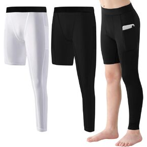 2 Pack Boys Compression Pants One Leg 3/4 Legging for Basketball Running Capri Tights Sports Athletic Base Layer