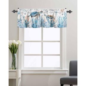 Sea Turtle Kitchen Cafe Valance Curtain for Small Windows,Watercolor Coral Seaweed Rod Pocket Short Blackout Curtains,Ocean Life on White Darkening Window Treatment for Living Room Bedroom Bathroom