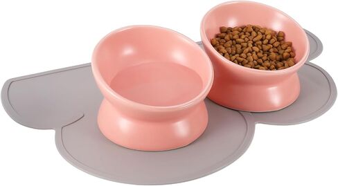 2 Pcs Ceramic Elevated Cat Bowls 15° Ceramic Tilted Cat Bowls with Silicone Non Slip Mat Raised Cat Food Water Bowls Set Anti Vomiting Microwave Dishwasher Safe for Indoor Cats Dogs, White in Saudi Arabia