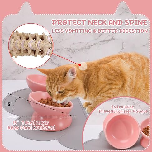 2 Pcs Ceramic Elevated Cat Bowls 15° Ceramic Tilted Cat Bowls with Silicone Non Slip Mat Raised Cat Food Water Bowls Set Anti Vomiting Microwave Dishwasher Safe for Indoor Cats Dogs, White in Saudi Arabia