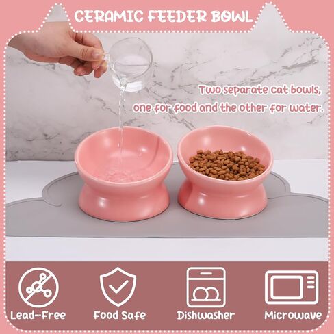 2 Pcs Ceramic Elevated Cat Bowls 15° Ceramic Tilted Cat Bowls with Silicone Non Slip Mat Raised Cat Food Water Bowls Set Anti Vomiting Microwave Dishwasher Safe for Indoor Cats Dogs, White in Saudi Arabia