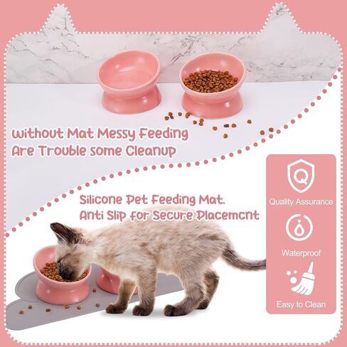 2 Pcs Ceramic Elevated Cat Bowls 15° Ceramic Tilted Cat Bowls with Silicone Non Slip Mat Raised Cat Food Water Bowls Set Anti Vomiting Microwave Dishwasher Safe for Indoor Cats Dogs, White in Saudi Arabia