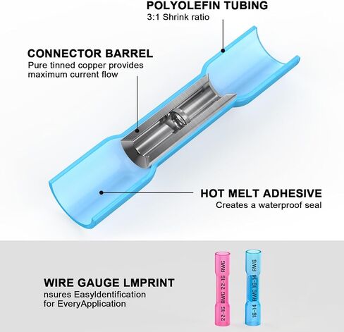 210PCS Heat Shrink Butt Connectors,16-14 Awg Blue Insulated Waterproof Electrical Wire Connectors,Tinned Red Copper,Automotive Marine Grade Wire Crimp Terminals Butt Splices for Boat,Cable, Wiring in Saudi Arabia