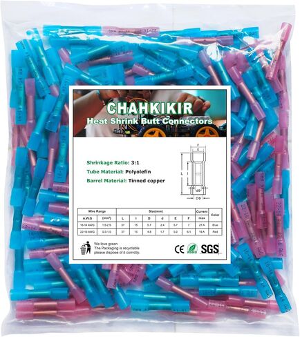 210PCS Heat Shrink Butt Connectors,16-14 Awg Blue Insulated Waterproof Electrical Wire Connectors,Tinned Red Copper,Automotive Marine Grade Wire Crimp Terminals Butt Splices for Boat,Cable, Wiring in Saudi Arabia