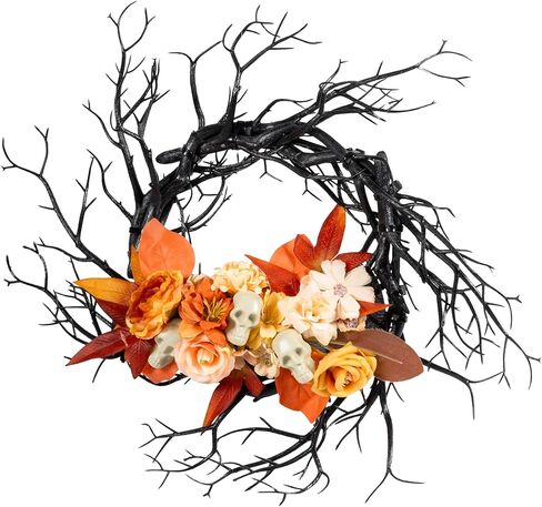 إكليل فرع زهرة بوهو من تشيرلاند مقاس 35.56 سم لتزيين الهالوين القوطي باللون الأسود والبرتقالي والبيج وزهرة جمجمة فرع الجدار للتعليق على شكل إكليل بوهو أنيق لباب المنزل وديكور فني للمنزل ومستلزمات الحفلات in Kuwait