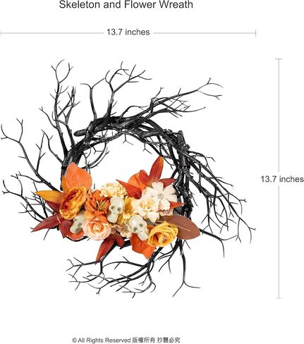 إكليل فرع زهرة بوهو من تشيرلاند مقاس 35.56 سم لتزيين الهالوين القوطي باللون الأسود والبرتقالي والبيج وزهرة جمجمة فرع الجدار للتعليق على شكل إكليل بوهو أنيق لباب المنزل وديكور فني للمنزل ومستلزمات الحفلات in Kuwait