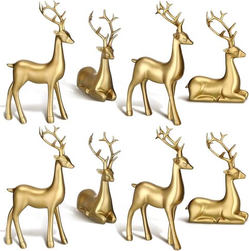 Wenqik 8 Pcs Christmas Reindeer Figurines Gold Deer Christmas Decor Xmas Sitting Standing Deer Statues Rustic Small Reindeer Sculpture for Home Living Room Cabinet Table Office Indoor Decoration Gift in Saudi Arabia