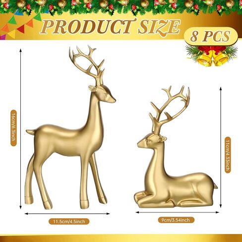 Wenqik 8 Pcs Christmas Reindeer Figurines Gold Deer Christmas Decor Xmas Sitting Standing Deer Statues Rustic Small Reindeer Sculpture for Home Living Room Cabinet Table Office Indoor Decoration Gift in Saudi Arabia