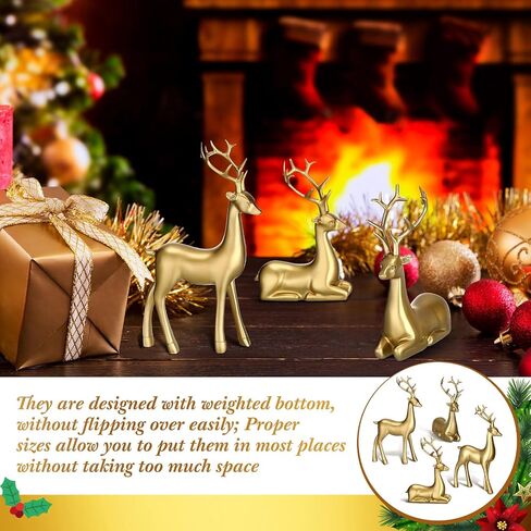 Wenqik 8 Pcs Christmas Reindeer Figurines Gold Deer Christmas Decor Xmas Sitting Standing Deer Statues Rustic Small Reindeer Sculpture for Home Living Room Cabinet Table Office Indoor Decoration Gift in Saudi Arabia