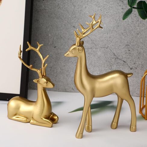 Wenqik 8 Pcs Christmas Reindeer Figurines Gold Deer Christmas Decor Xmas Sitting Standing Deer Statues Rustic Small Reindeer Sculpture for Home Living Room Cabinet Table Office Indoor Decoration Gift in Saudi Arabia