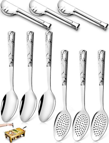 Stainless Steel Metal Serving Utensils - Large Serving sets-10" Spoons, 10" Slotted Spoons and 9" Tongs by Teivio (Silver, Set of 12) in Saudi Arabia