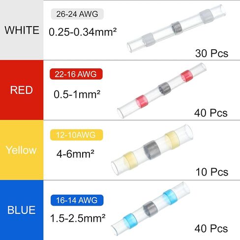 MECCANIXITY 120pcs 26-10 AWG Solder Seal Wire Heat Shrink Butt Connectors Waterproof Solder Sleeve for Marine Stereo, 10xYellow 30xWhite 40xRed 40xBlue in Saudi Arabia