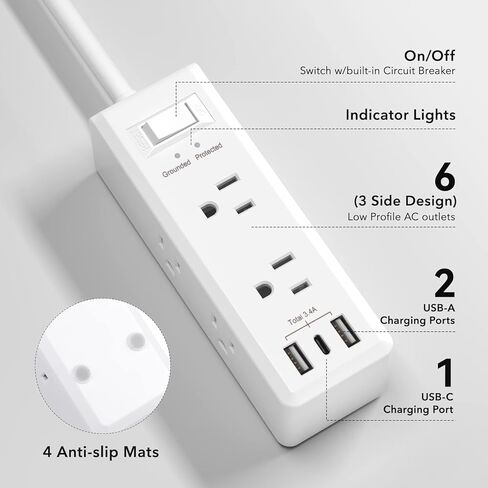 شريط طاقة BN-LINK للحماية من زيادة التيار مع 9 منافذ 2 USB-A 1 USB-C (إجمالي 3.4 أمبير)، شريط موسع للمنافذ ثلاثية الجوانب مع سلك تمديد بطول 5 أقدام، قابس مسطح، محطة شحن سطح المكتب للسفر والمنزل والمكتب، 15 أمبير in Kuwait