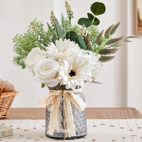 Artificial Flowers Bouquet, Silk Flowers Blue Fake Flowers Arrangement Faux Flowers for Home Decor, Vase Arrangement, Wedding Bouquets, Table Centerpieces Decor (Blue White No Vase) in Saudi Arabia