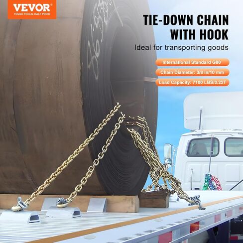 VEVOR G80 سلسلة ربط النقل، 3/8 بوصة × 2.9 بوصة سلسلة سحب 2 حزمة مع خطاف Clevis Snap، حمل عمل آمن 7100 رطل، سلسلة تسجيل شديدة التحمل لنقل معدات ربط شاحنة القطر in Saudi Arabia
