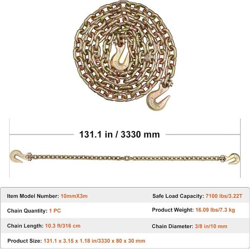 VEVOR G80 سلسلة ربط النقل، 3/8 بوصة × 2.9 بوصة سلسلة سحب 2 حزمة مع خطاف Clevis Snap، حمل عمل آمن 7100 رطل، سلسلة تسجيل شديدة التحمل لنقل معدات ربط شاحنة القطر in Saudi Arabia