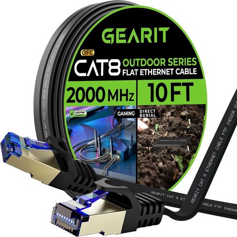 GearIT Cat 8 Outdoor Flat Ethernet Cable (15ft, Black) Direct Burial Rated LLDPE Jacket - Indoor Cat8 Shielded FTP 2000Mhz 40Gbps High Speed Gaming Computer Network RJ45 Snagless Patch Cord Internet in Saudi Arabia