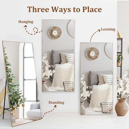 مرآة كاملة الطول 71 * 31، مرآة مستطيلة كبيرة الحجم معلقة أو مائلة لكامل الجسم، مرآة أرضية بإطار رفيع من سبائك الألومنيوم لغرفة النوم، وغرفة المعيشة/خلع الملابس، وصالة الألعاب الرياضية، ذهبي in Kuwait