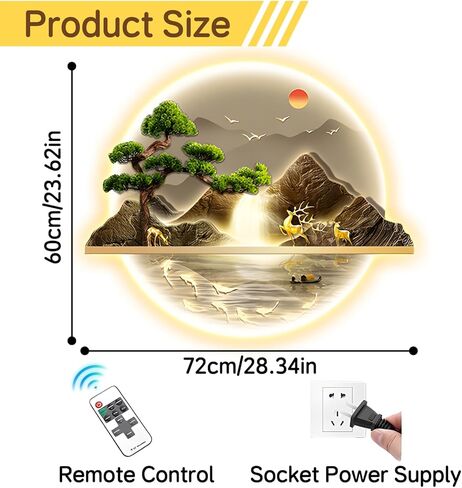 zyiesrsq Zen ديكور جداري فني مع ضوء LED، فن ديكور جداري من خشب الصنوبر الترحيبي، ديكور لوحة منحوتة جدارية ثلاثية الأبعاد، منحوتات جدارية ذات مناظر طبيعية لمدخل مكتب غرفة المعيشة وغرفة النوم (أ، 50 × 60 سم) in Kuwait
